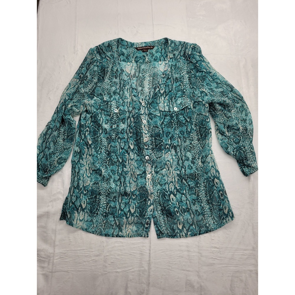 Mushkaby Sienna Rose Blouse Women Large Teal Blue Snakeskin